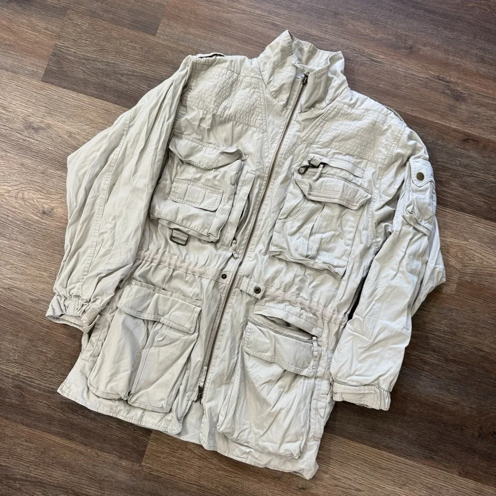 VTG Trail Designs Khaki Beige Safari Utility Photography Jacket Sz M Pockets